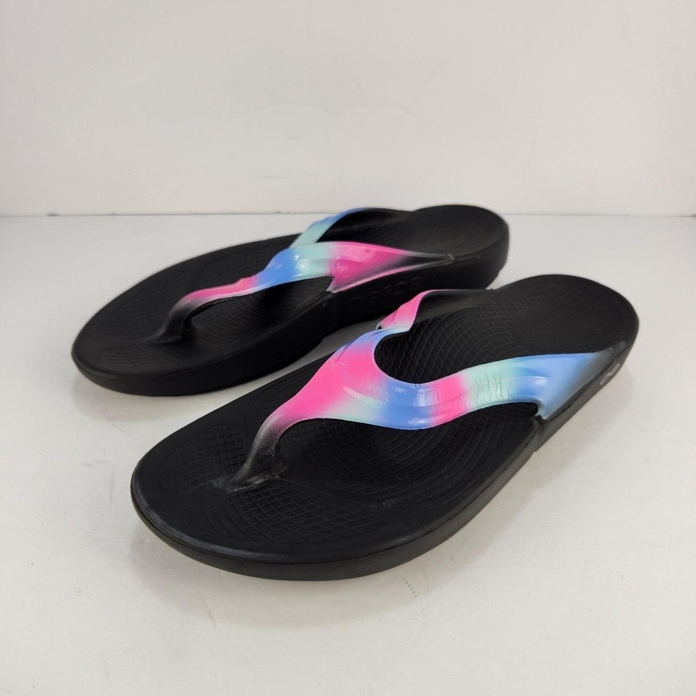 OOFOS OOlala Women's Size 9 Black Recovery Flip Flops Pink Blue Tie Dye